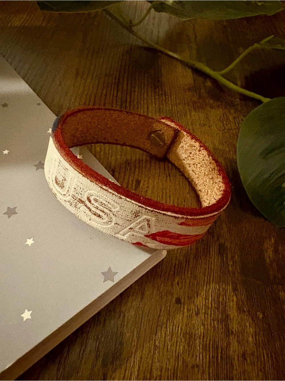 USA Embroidered Leather Cuff Bracelet - Red & Cream